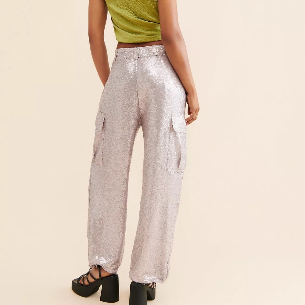 Anthropologie Silver Sequin Cargo Pant Stretch Wide Cinch Ankle Lined Women 6